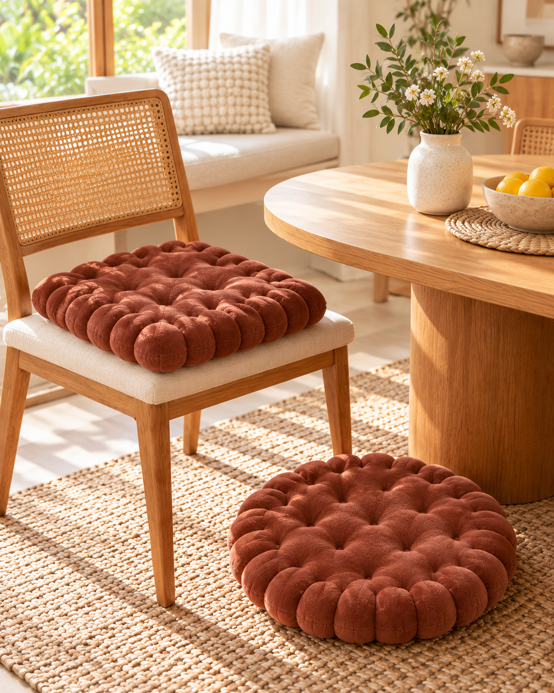 Coffee biscuit seat cushion on a dining chair with a round one on the floor