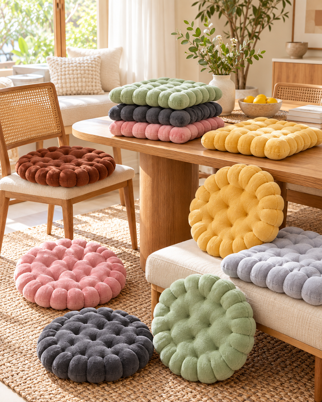 Biscuit seat cushions in all six colours, square and round