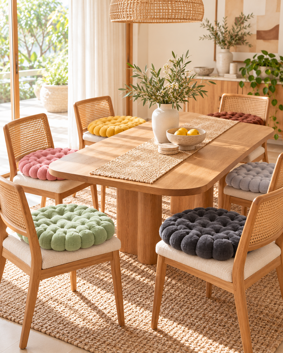 Biscuit seat cushions on wooden dining chairs around a table