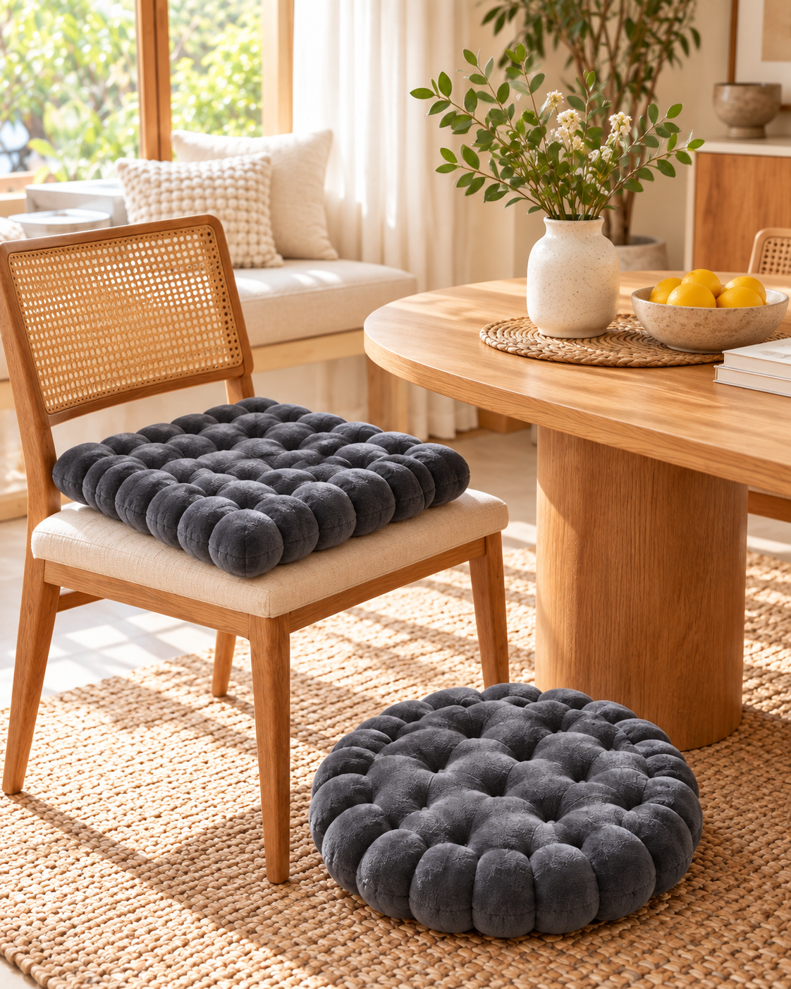 Gray biscuit seat cushion on a dining chair with a round one on the floor