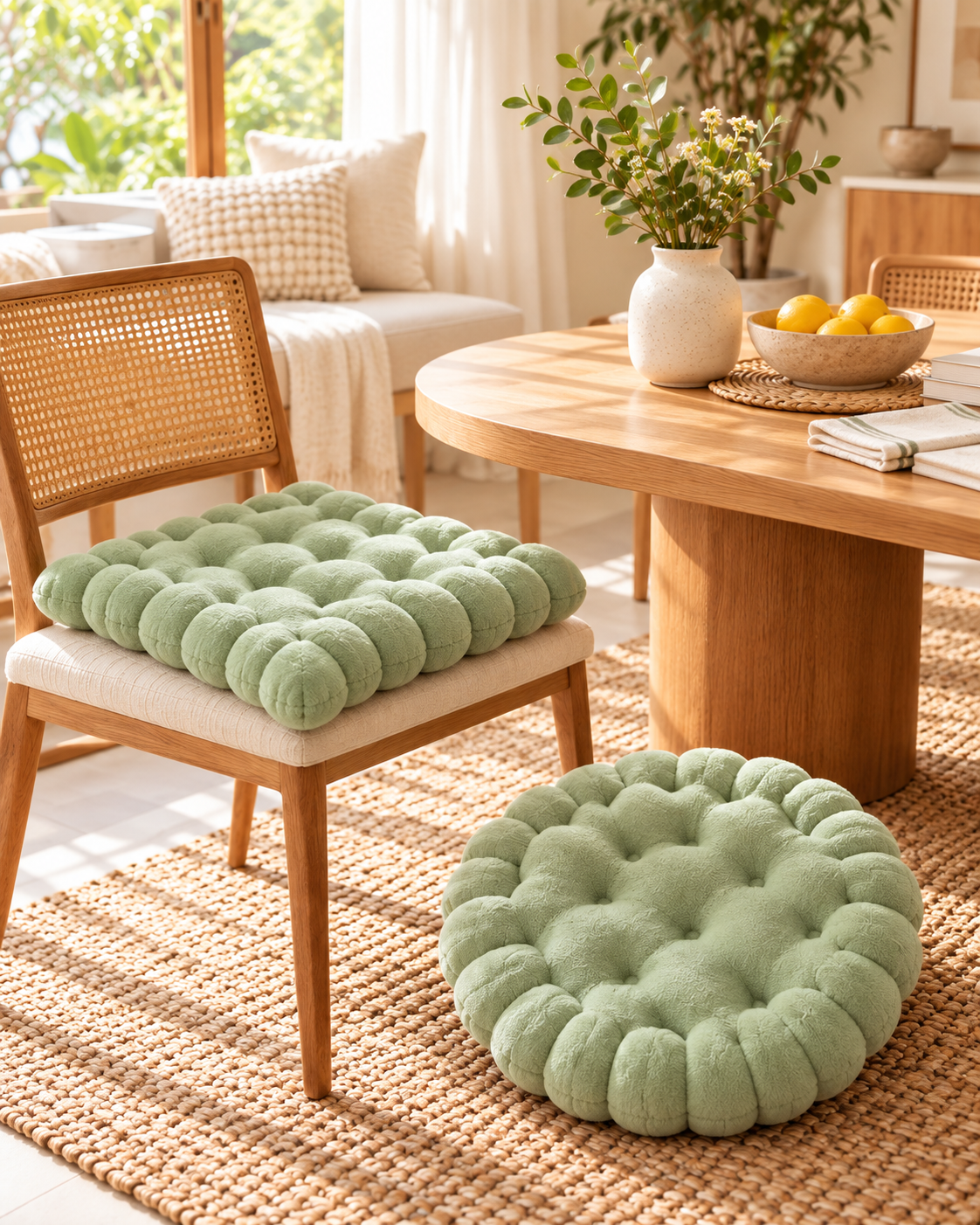 Green biscuit seat cushion on a dining chair with a round one on the floor