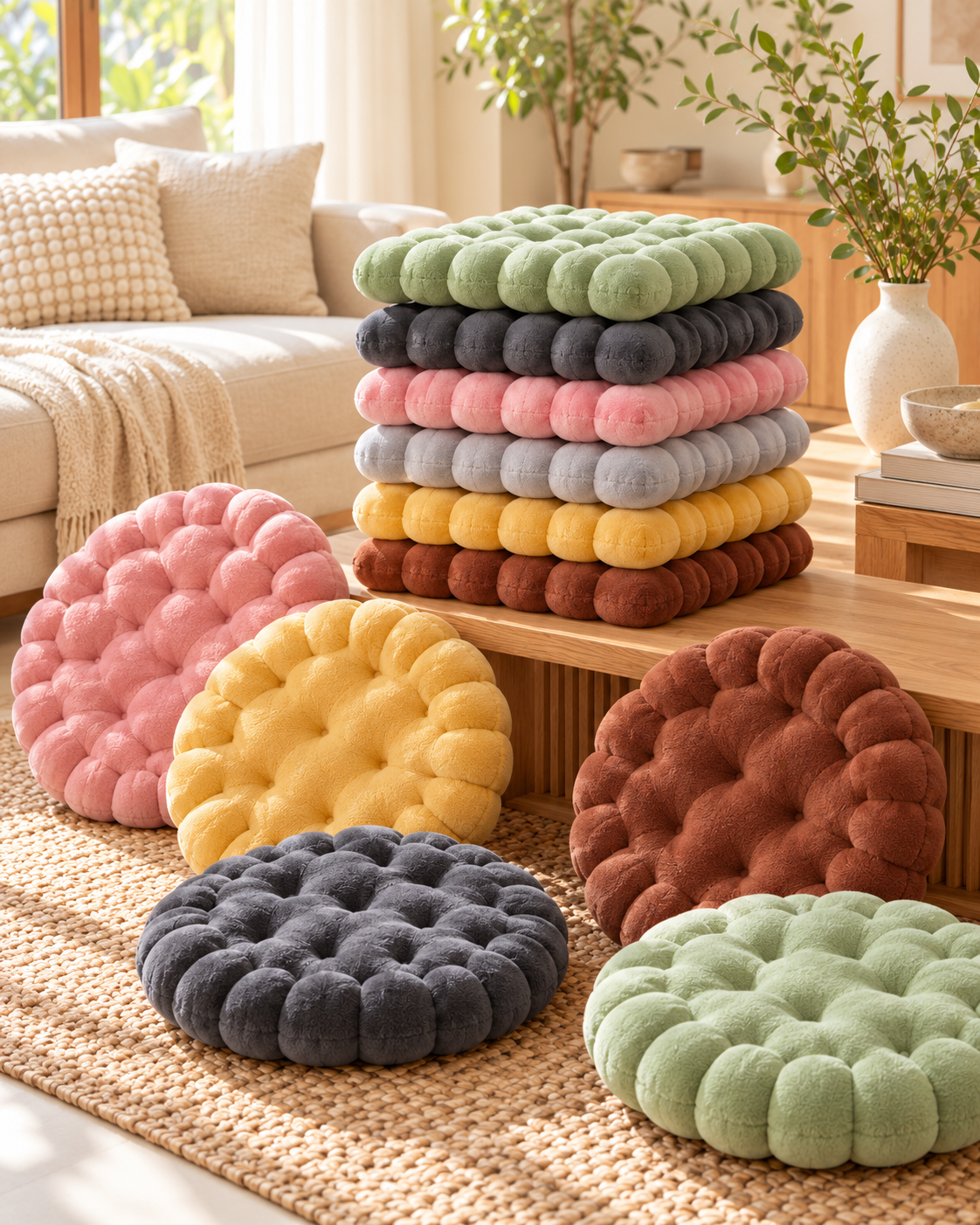 Biscuit seat cushions stacked and scattered in a range of colours