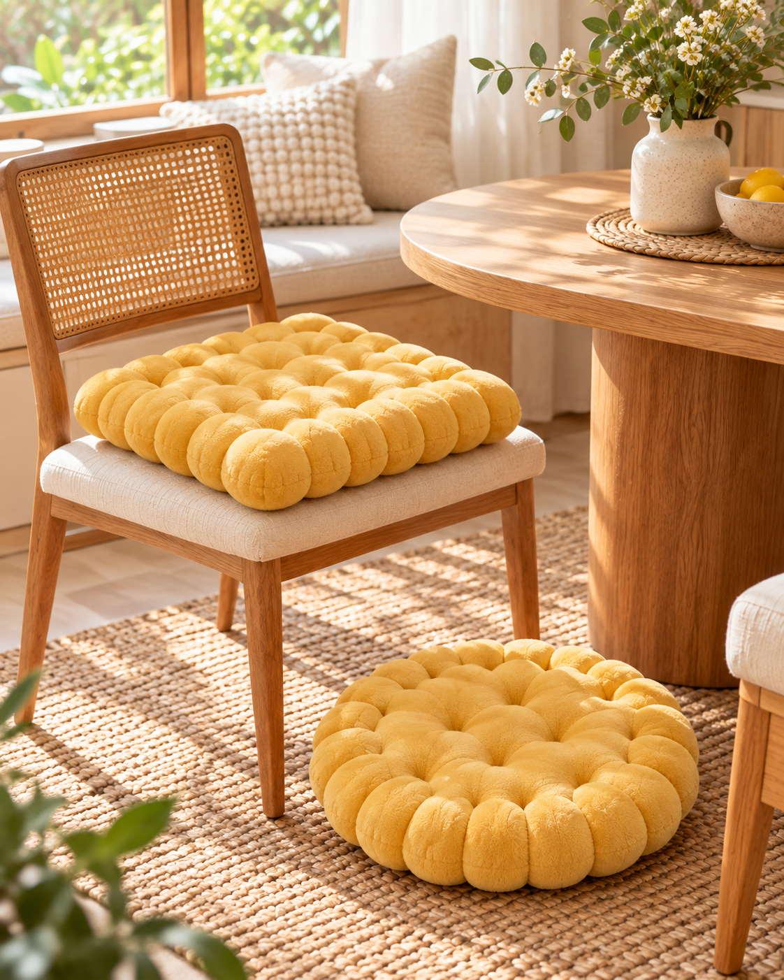 Yellow biscuit seat cushion on a dining chair with a round one on the floor
