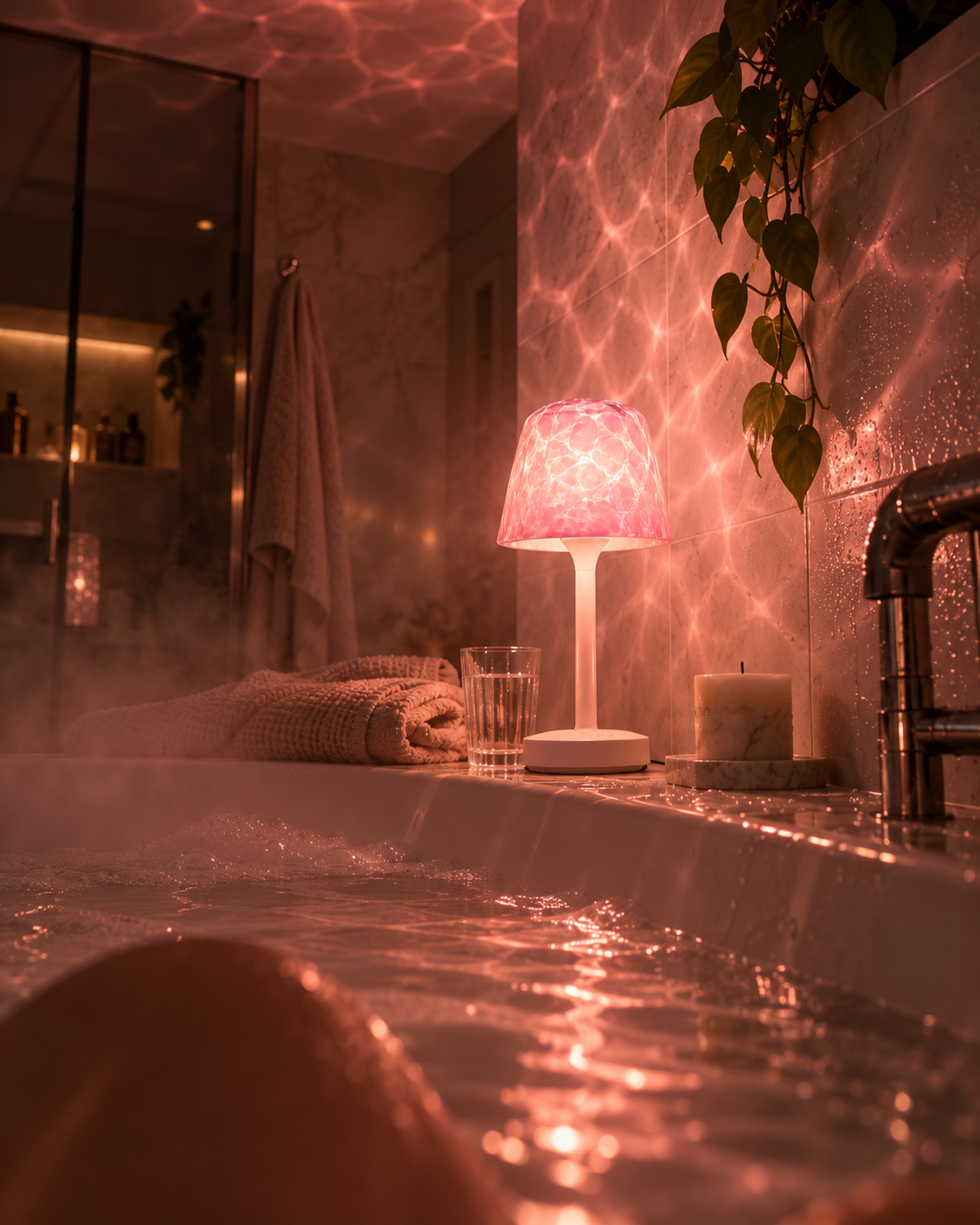 Cozie cordless ambience lamp glowing pink beside a bath