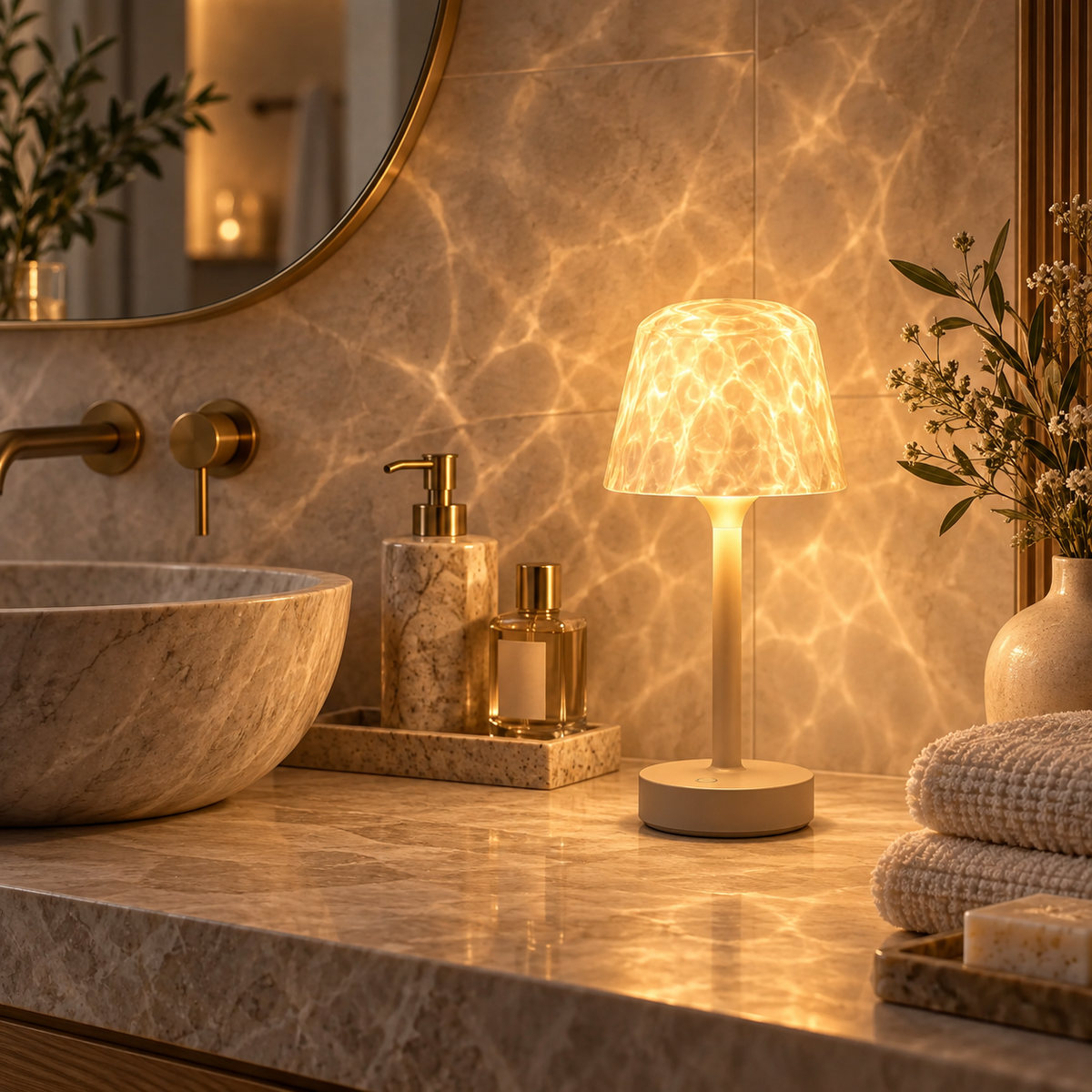 Cordless Ambience Lamp glowing warm white on a bathroom sink