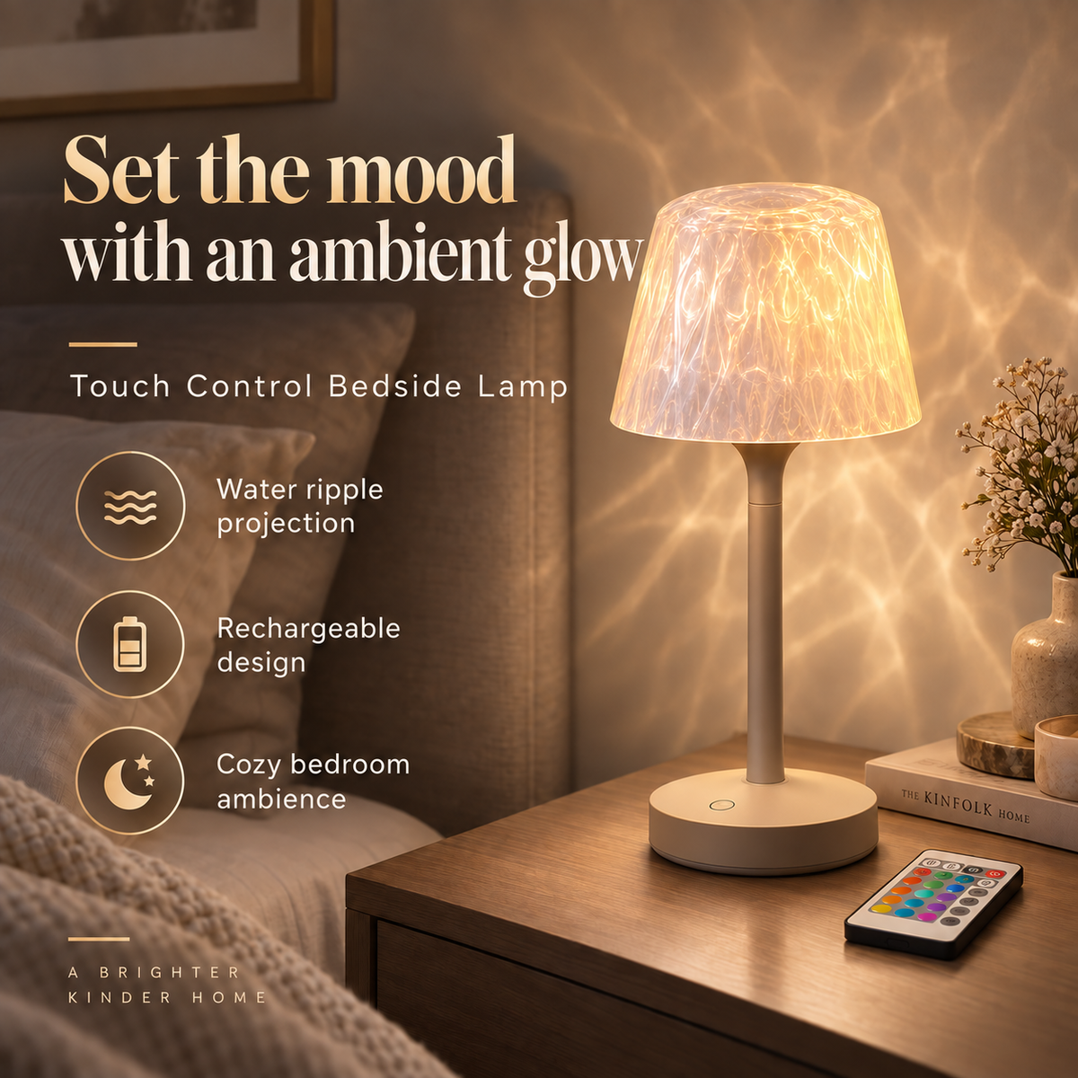 Cordless Ambience Lamp with a pink ambient glow on a bedside table