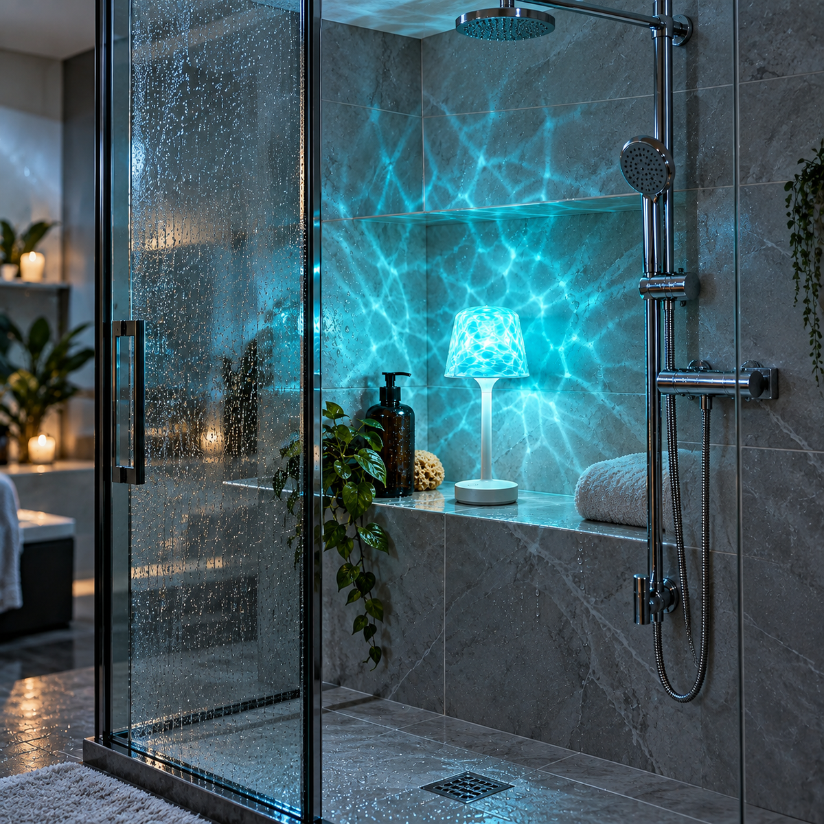 Cordless Ambience Lamp projecting blue wave light inside a shower