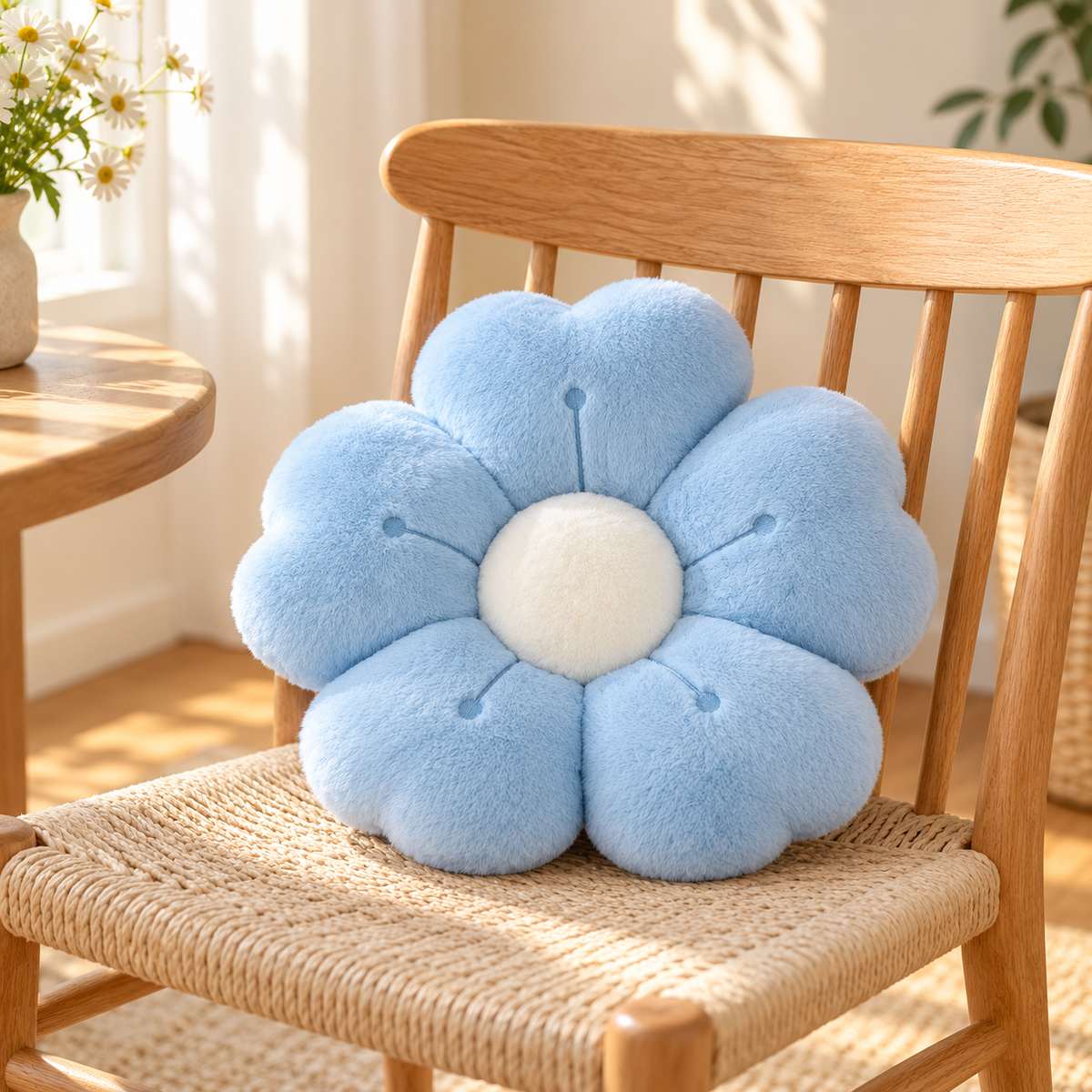 Blue decorative flower cushion on a wooden chair