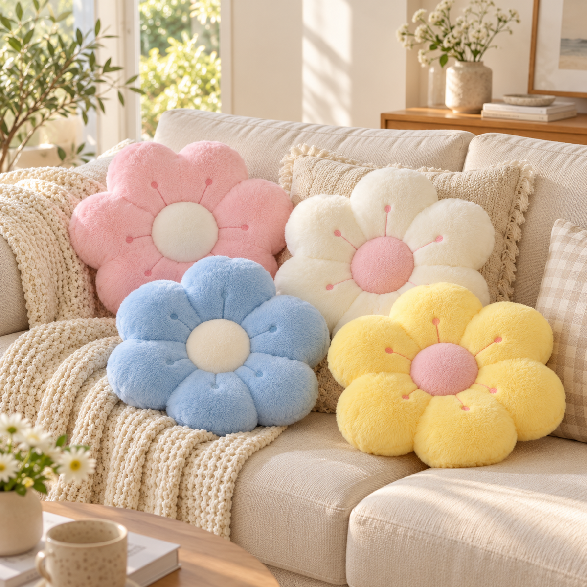 Decorative flower cushions in four colours on a sofa