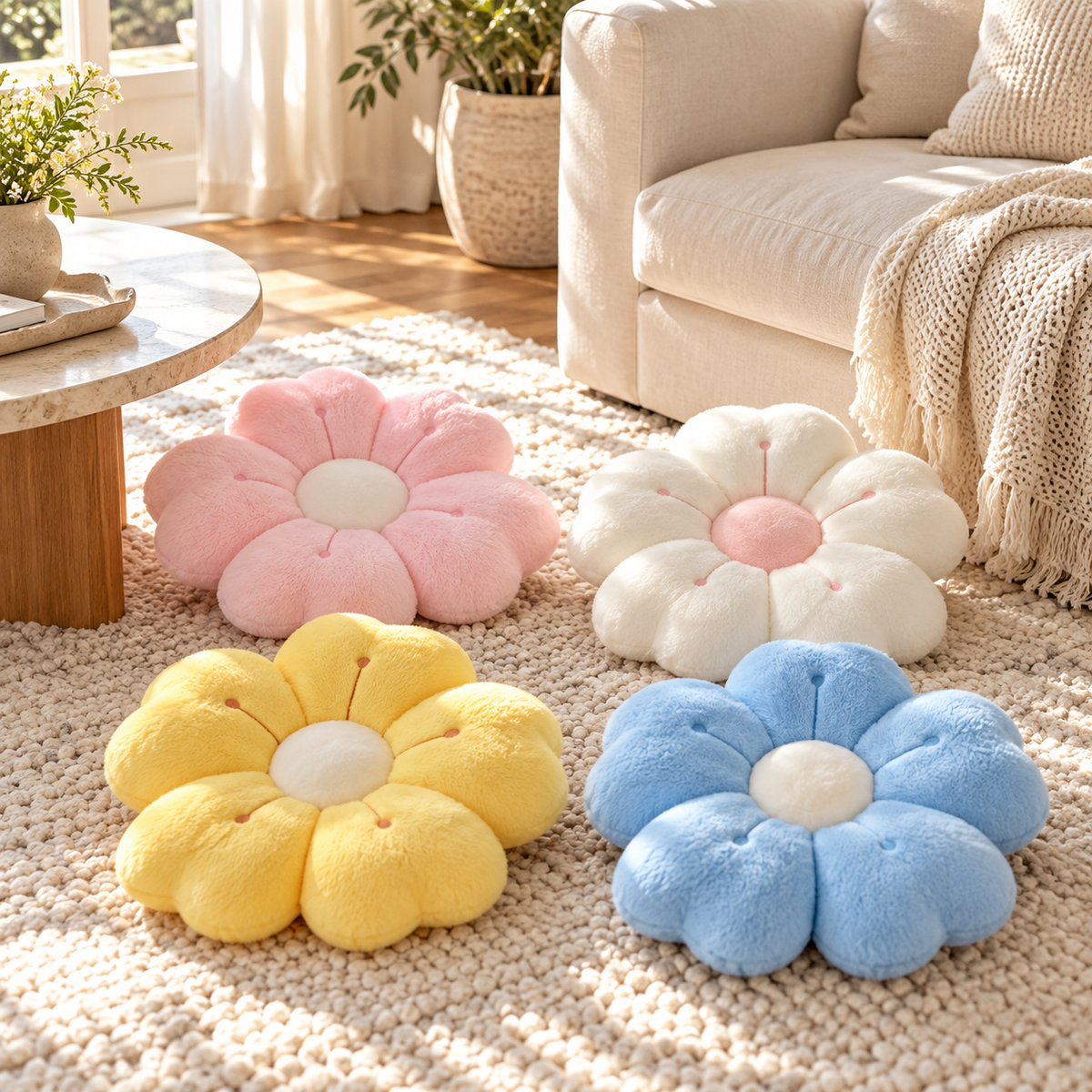 Decorative flower cushions scattered on a living room floor