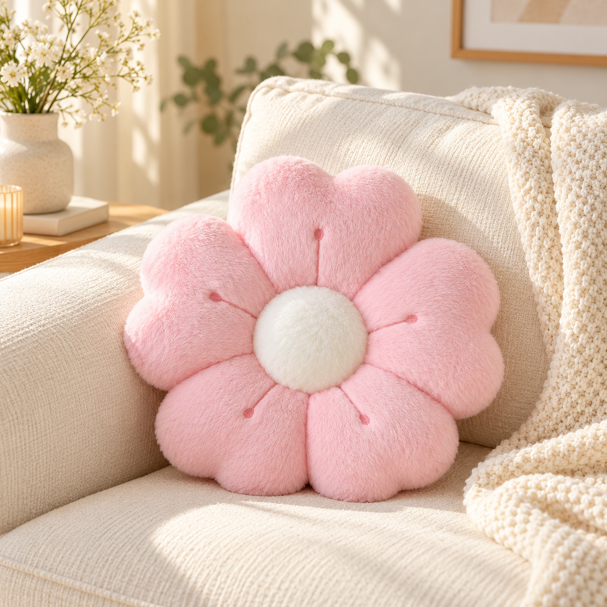 Pink decorative flower cushion on an armchair