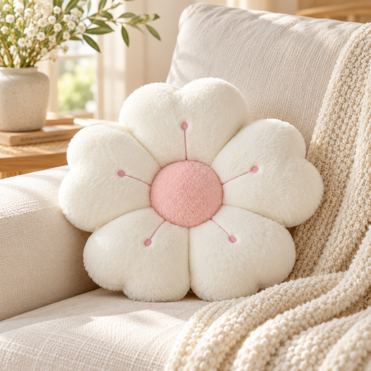 White decorative flower cushion with a pink centre on an armchair