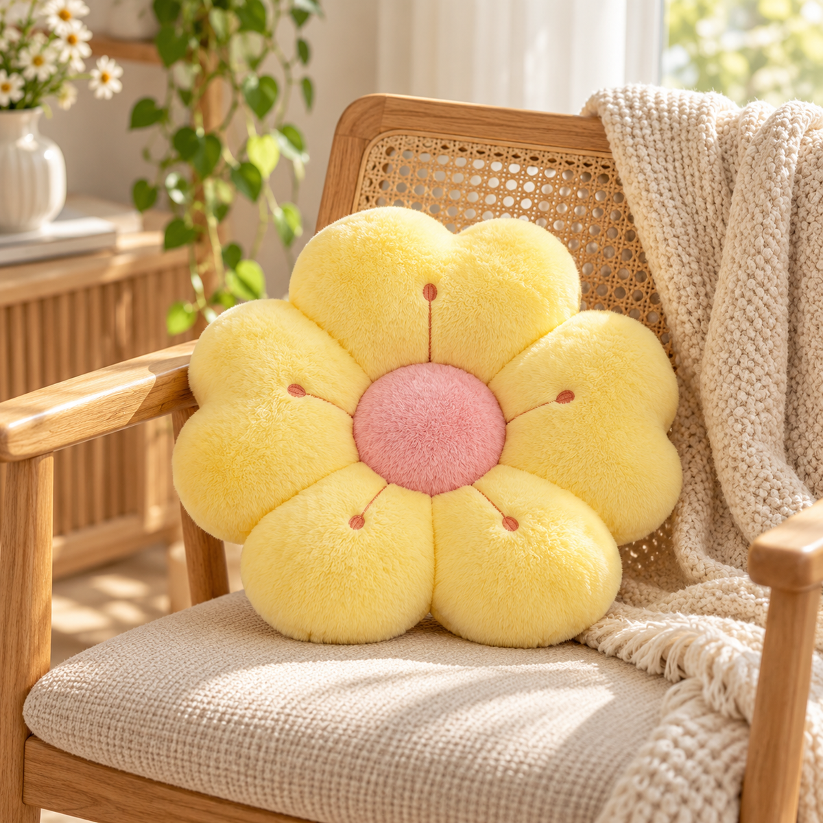 Yellow decorative flower cushion on a wooden chair