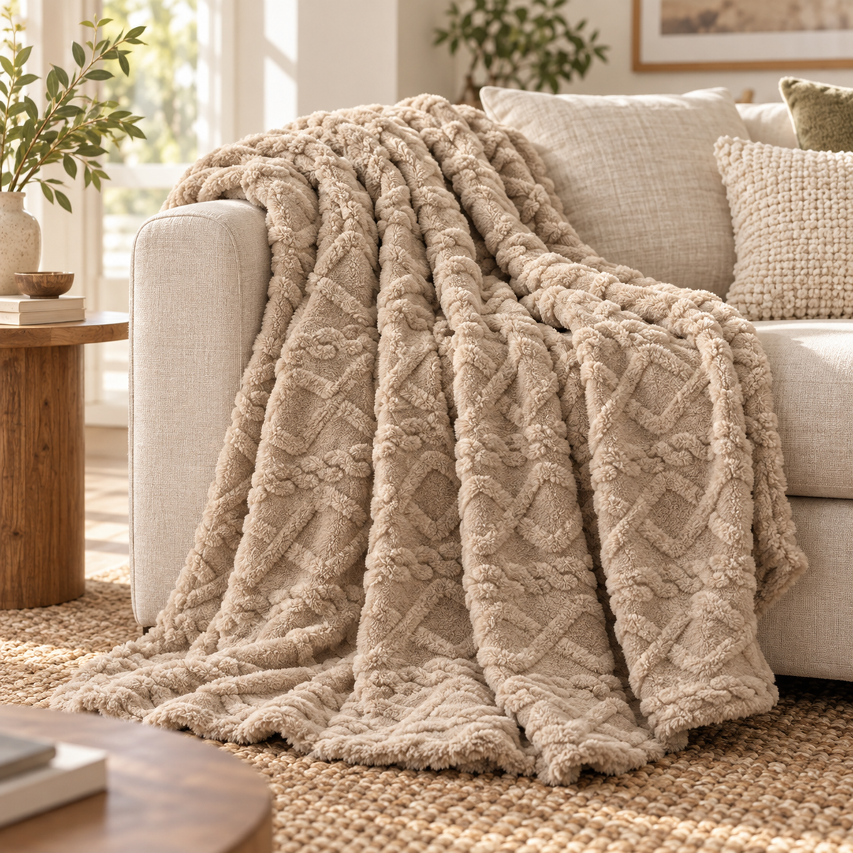 Beige lightweight flannel throw blanket draped over an armchair
