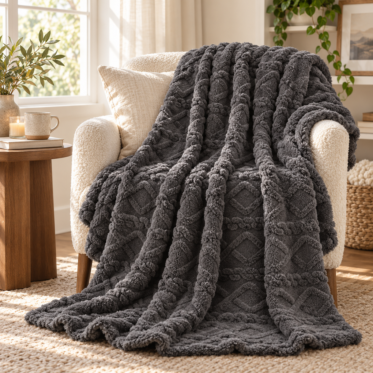 Charcoal grey lightweight flannel throw blanket draped over an armchair