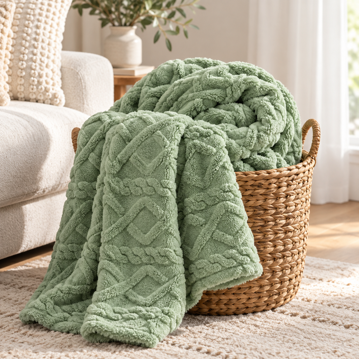 Sage green lightweight flannel throw blanket folded in a woven basket