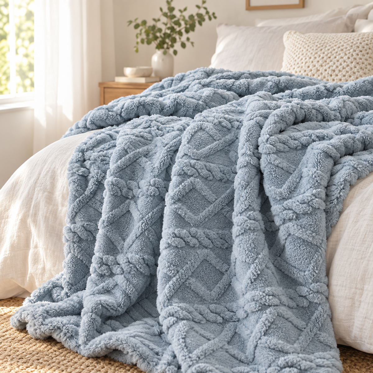 Slate blue lightweight flannel throw blanket draped over an armchair
