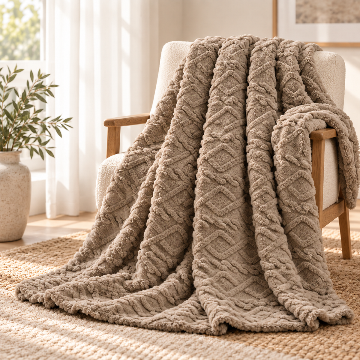 Taupe lightweight flannel throw blanket draped over an armchair