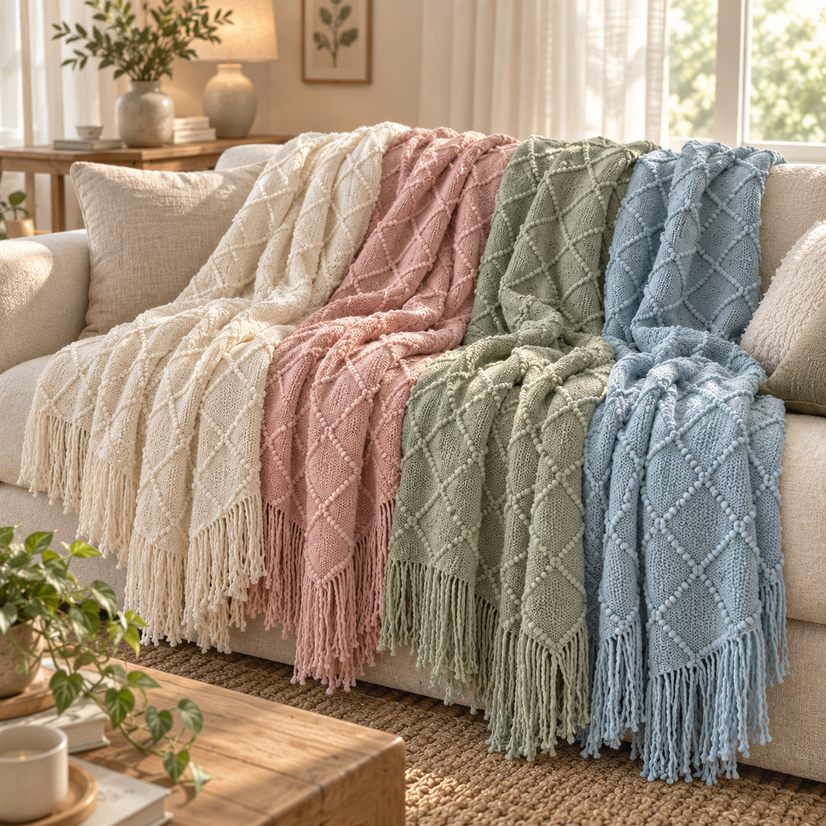 Knitted farmhouse throw blankets in cream, pink, green and blue hung over a sofa