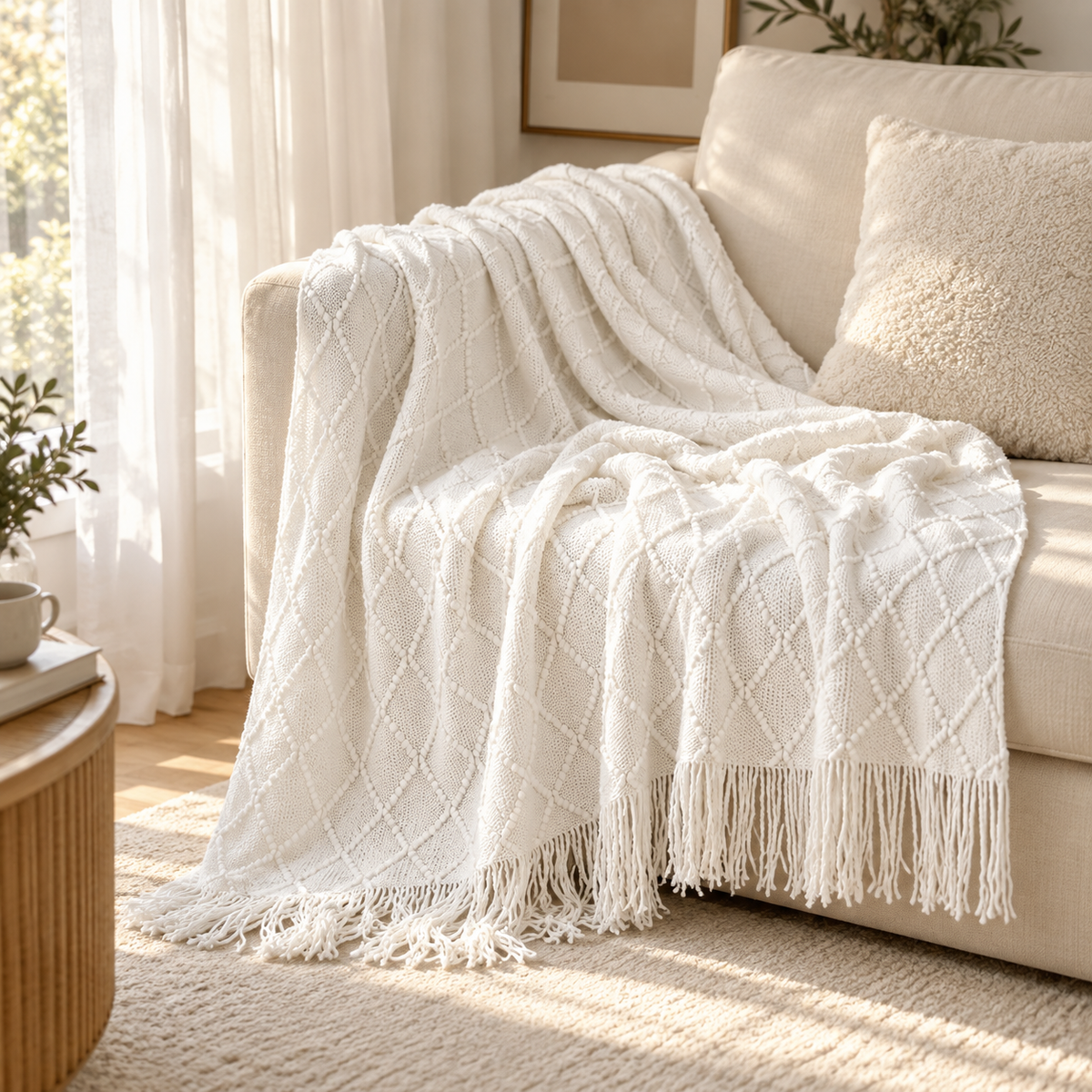 Cream white knitted farmhouse throw blanket draped over an armchair