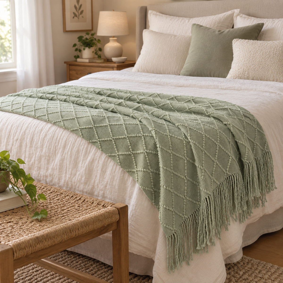 Light green knitted farmhouse throw blanket across the end of a bed