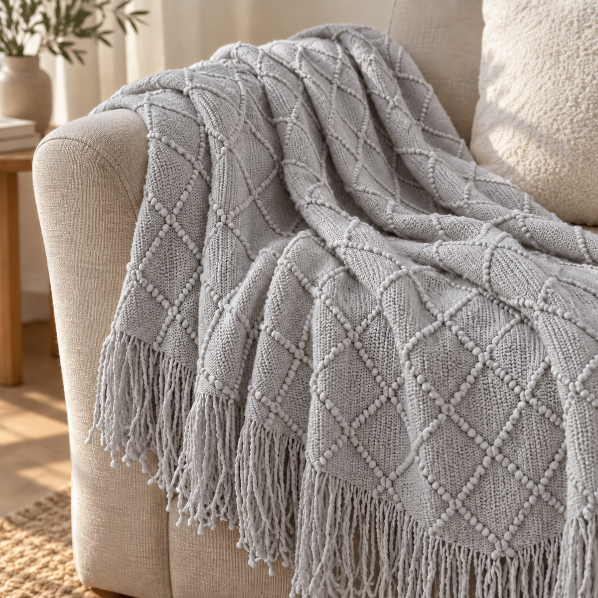 Light grey knitted farmhouse throw blanket draped over a sofa