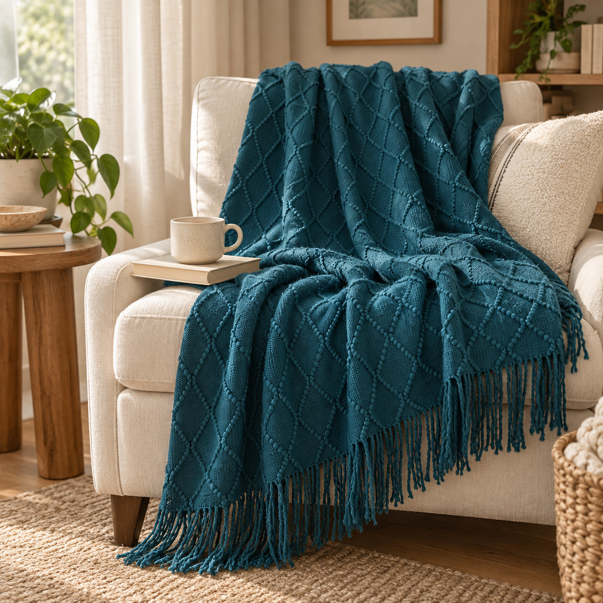 Morandi blue knitted farmhouse throw blanket draped over an armchair