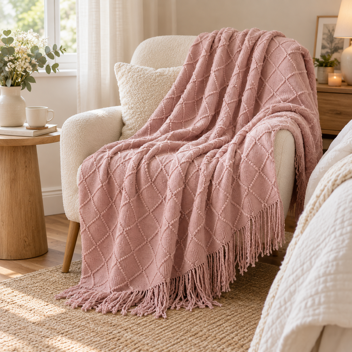 Pink knitted farmhouse throw blanket draped over an armchair
