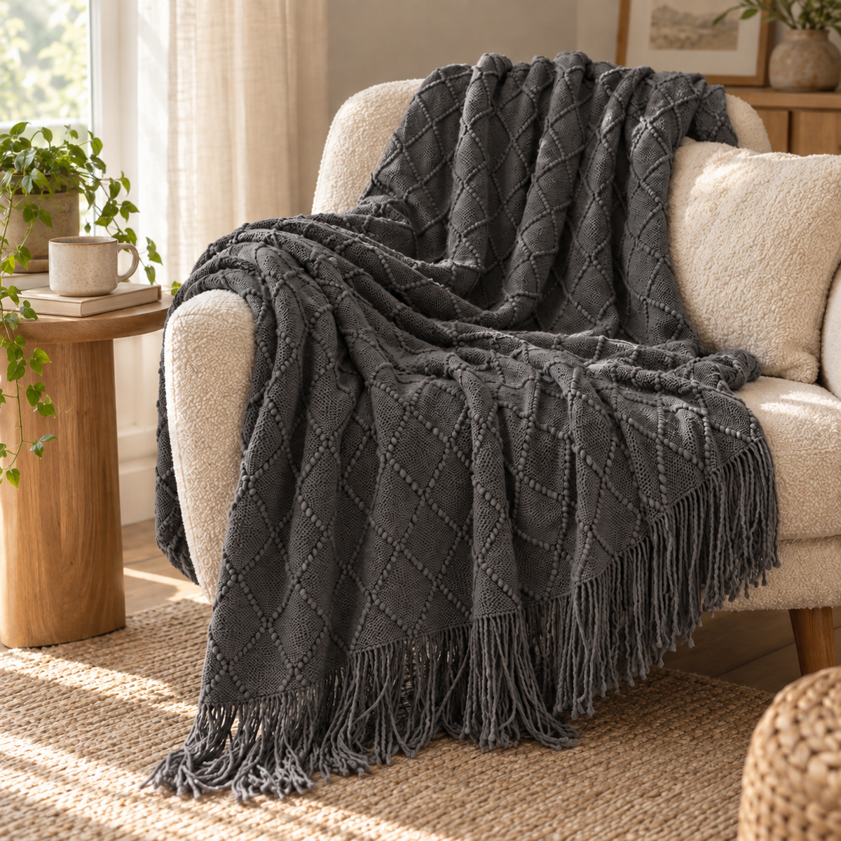 Smoky grey knitted farmhouse throw blanket draped over an armchair