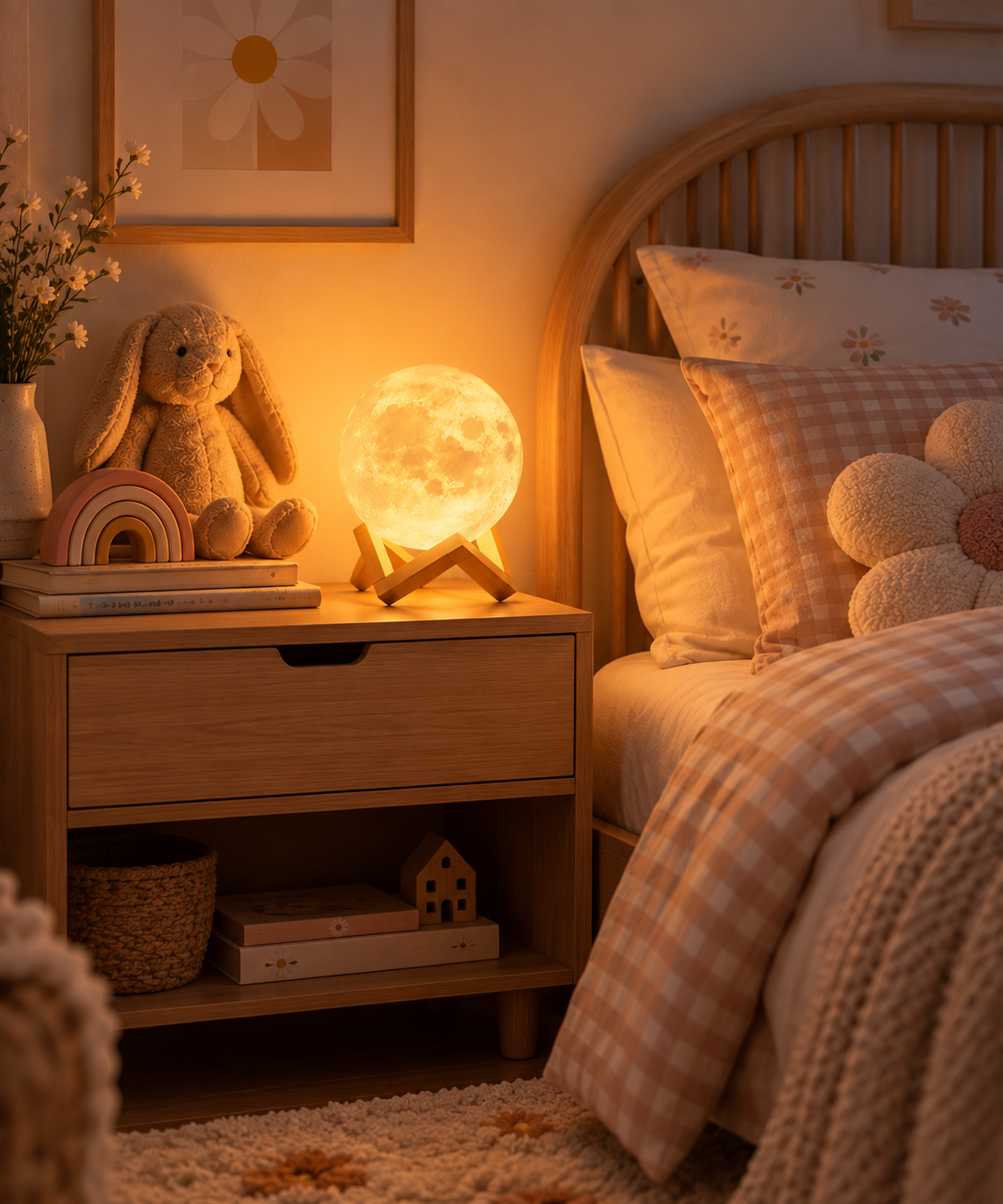 Moon Lamp as a soft nightlight on a kids' bedside table