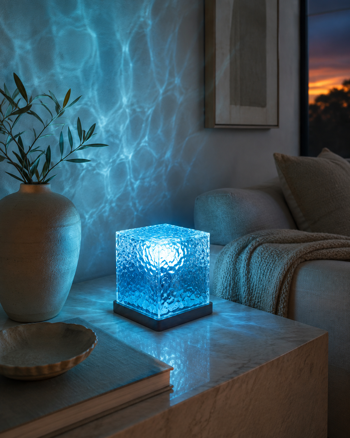 Ocean Night Light glowing blue with rippling ocean wave light on the wall