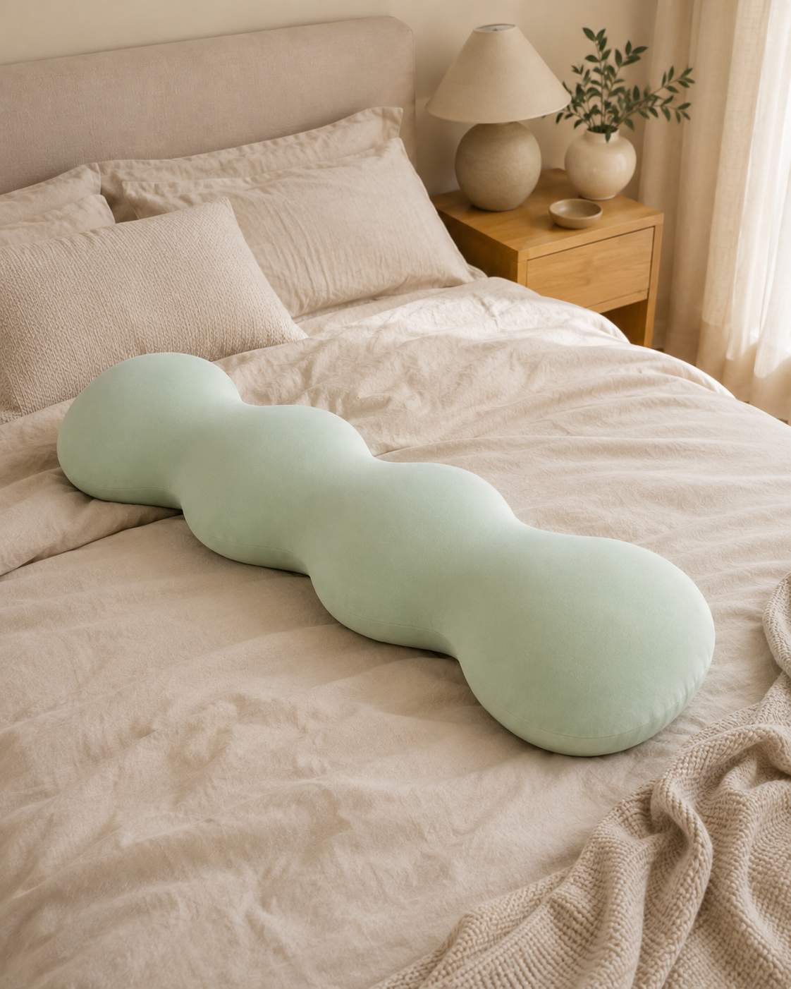 Mint green Snuggle Buddy body alignment pillow lying on a neutral bed