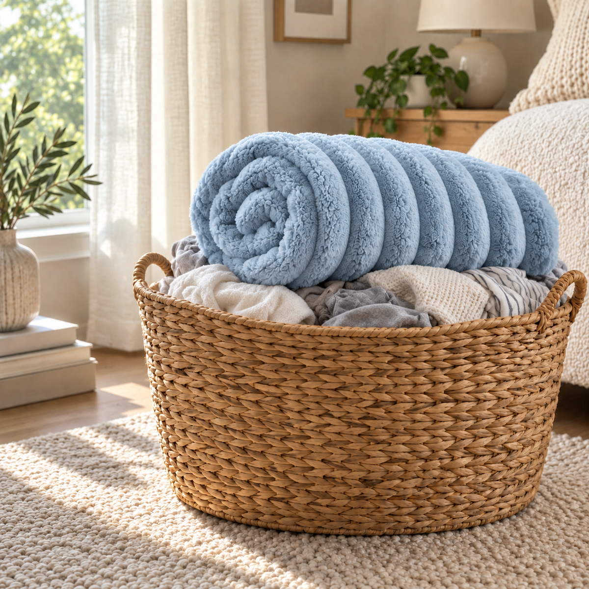 Blue Snuggliest fleece throw blanket rolled in a woven basket
