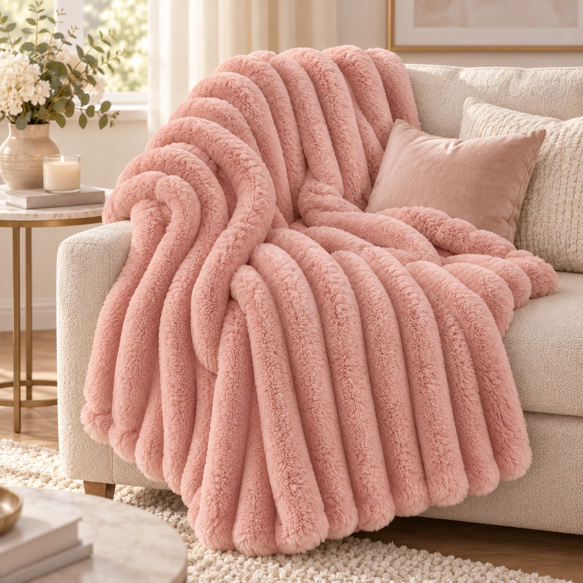 Pink Snuggliest fleece throw blanket draped over a sofa
