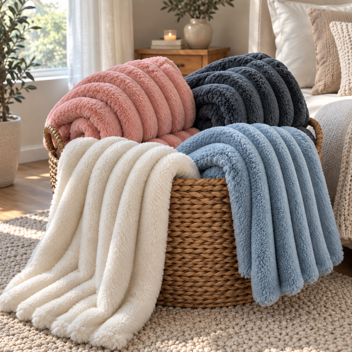 Snuggliest fleece throw blankets in pink, cream, blue and charcoal in a woven basket