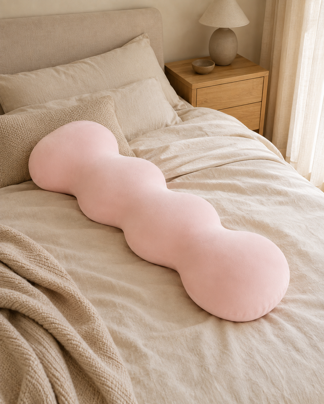 Pink Snuggle Buddy body alignment pillow lying on a neutral bed
