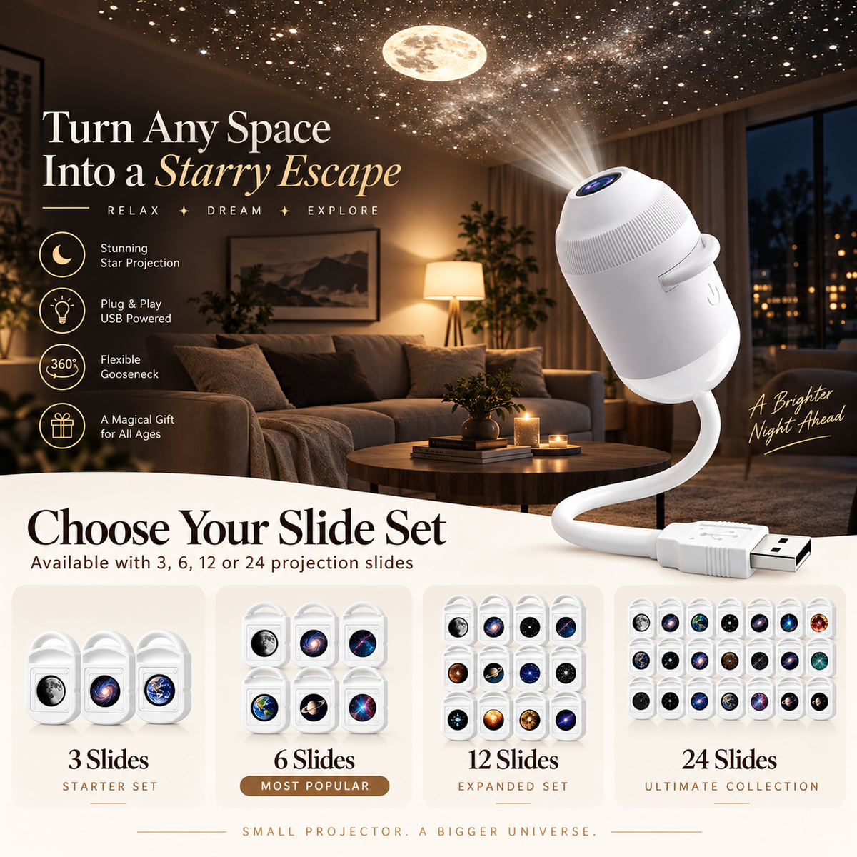 Starry Sky Nightlight slide options: 3, 6, 12 or 24 star slices