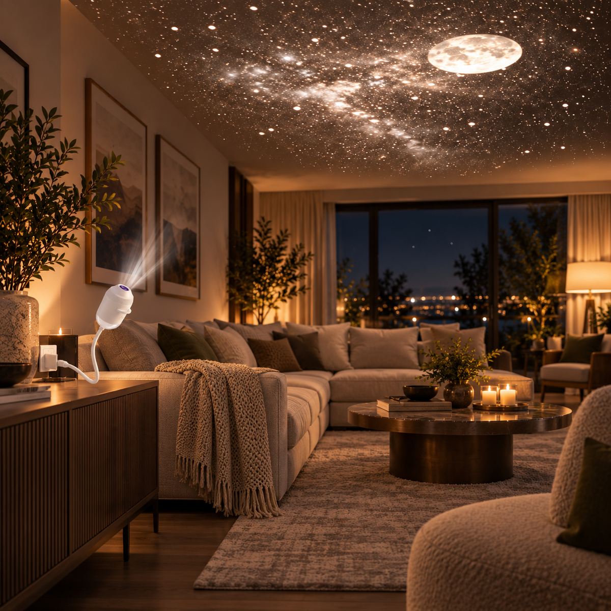 Starry Sky Nightlight filling a living room ceiling with a galaxy of stars