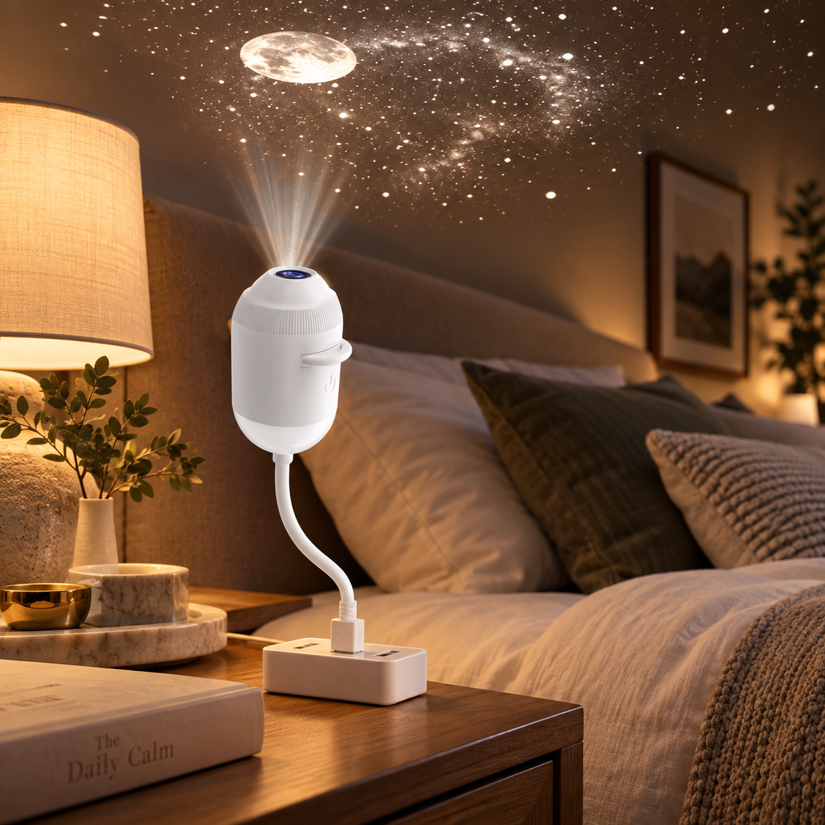 White Starry Sky Nightlight projector on a bedside table in a cosy bedroom
