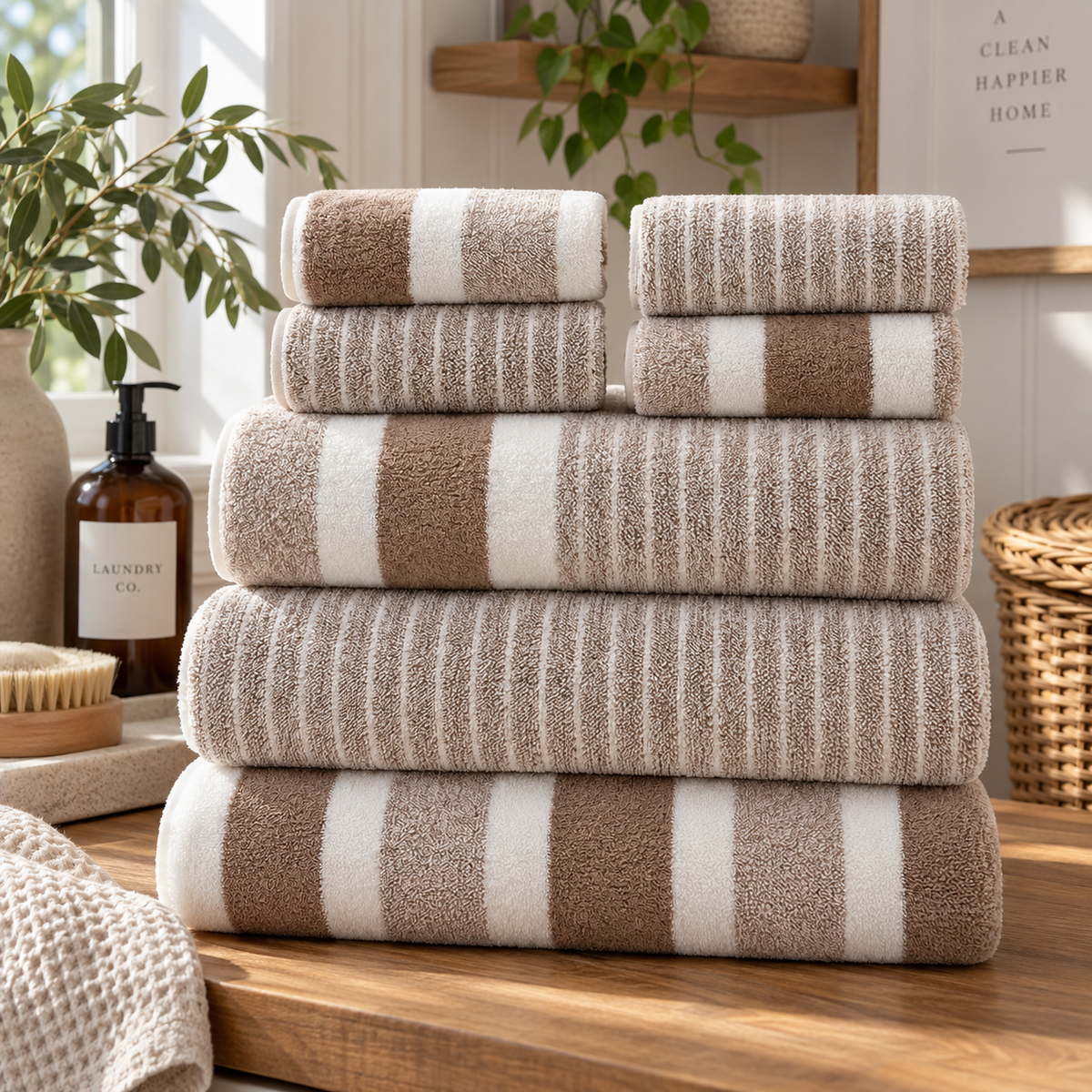 Brown striped 8 piece towel set folded and stacked in a bathroom