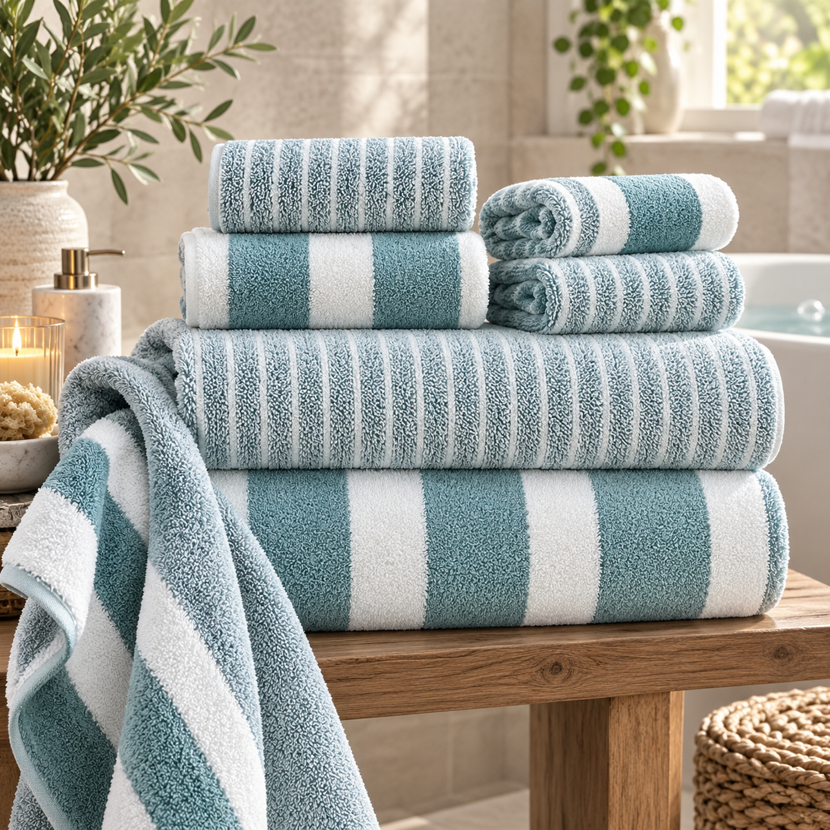 Green striped 8 piece towel set folded and stacked in a bathroom