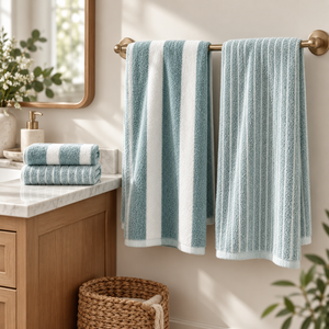 Striped towel set hanging in a bright bathroom