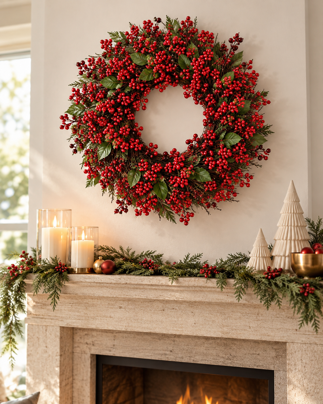 Berry & Leaf Christmas wreath, 45cm, with red berries and green leaves hanging above a fireplace mantel
