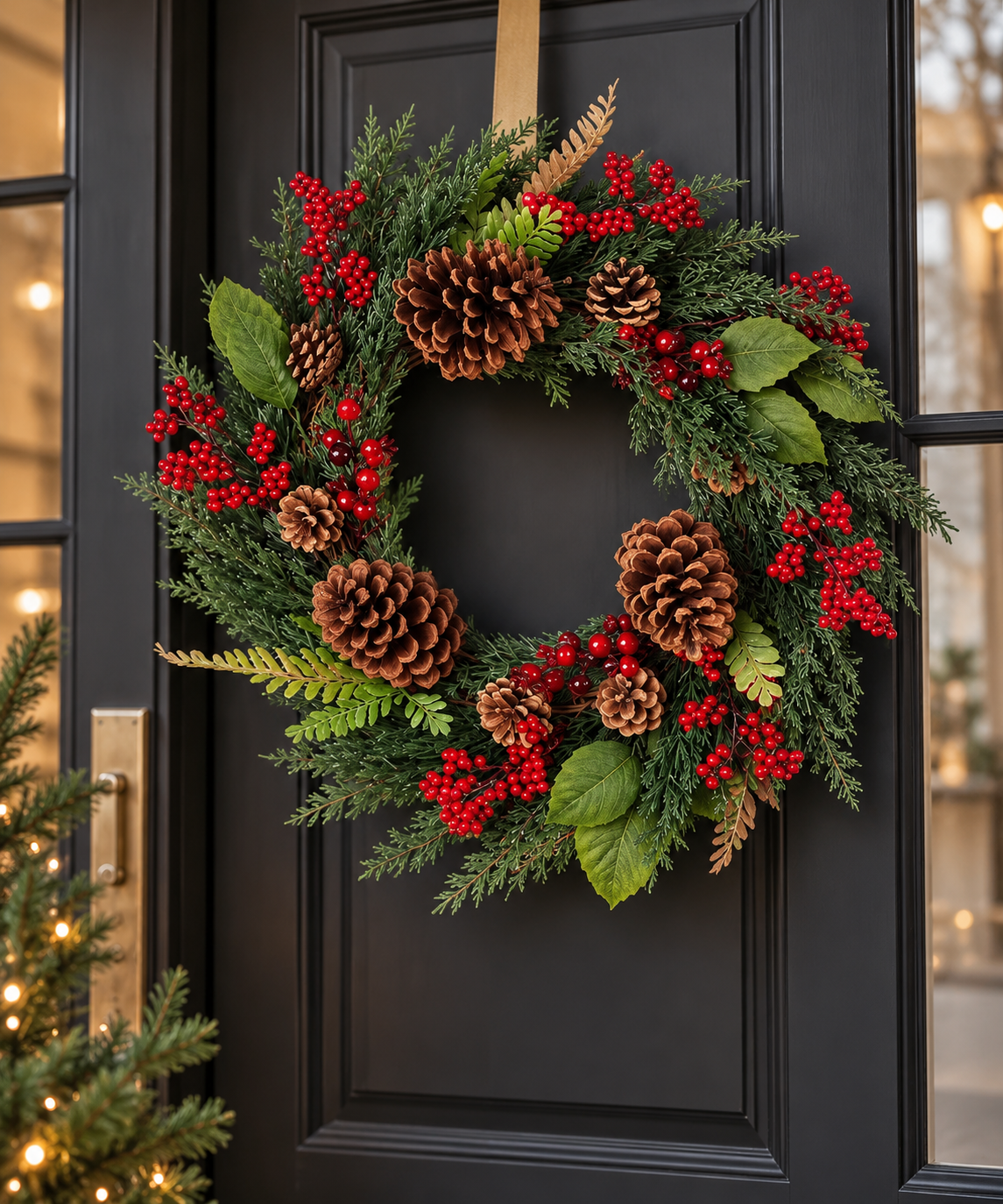 Pinecone & Cypress Christmas wreath, 45cm, with pinecones, cypress greenery and red berries on a black front door