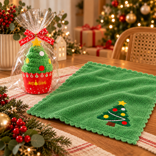 Christmas tree cupcake towel in its gift wrap beside the unrolled green towel