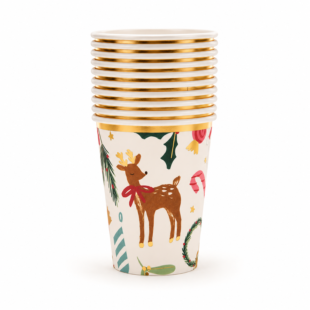 Stack of 10 reindeer print Christmas paper cups with a gold rim