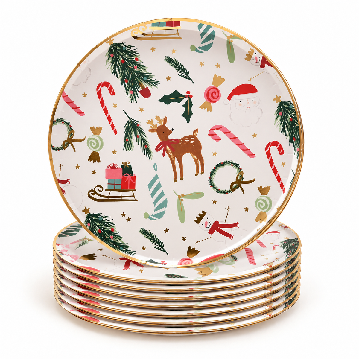 Stack of 10 reindeer print Christmas paper side plates, 18cm, with a gold rim