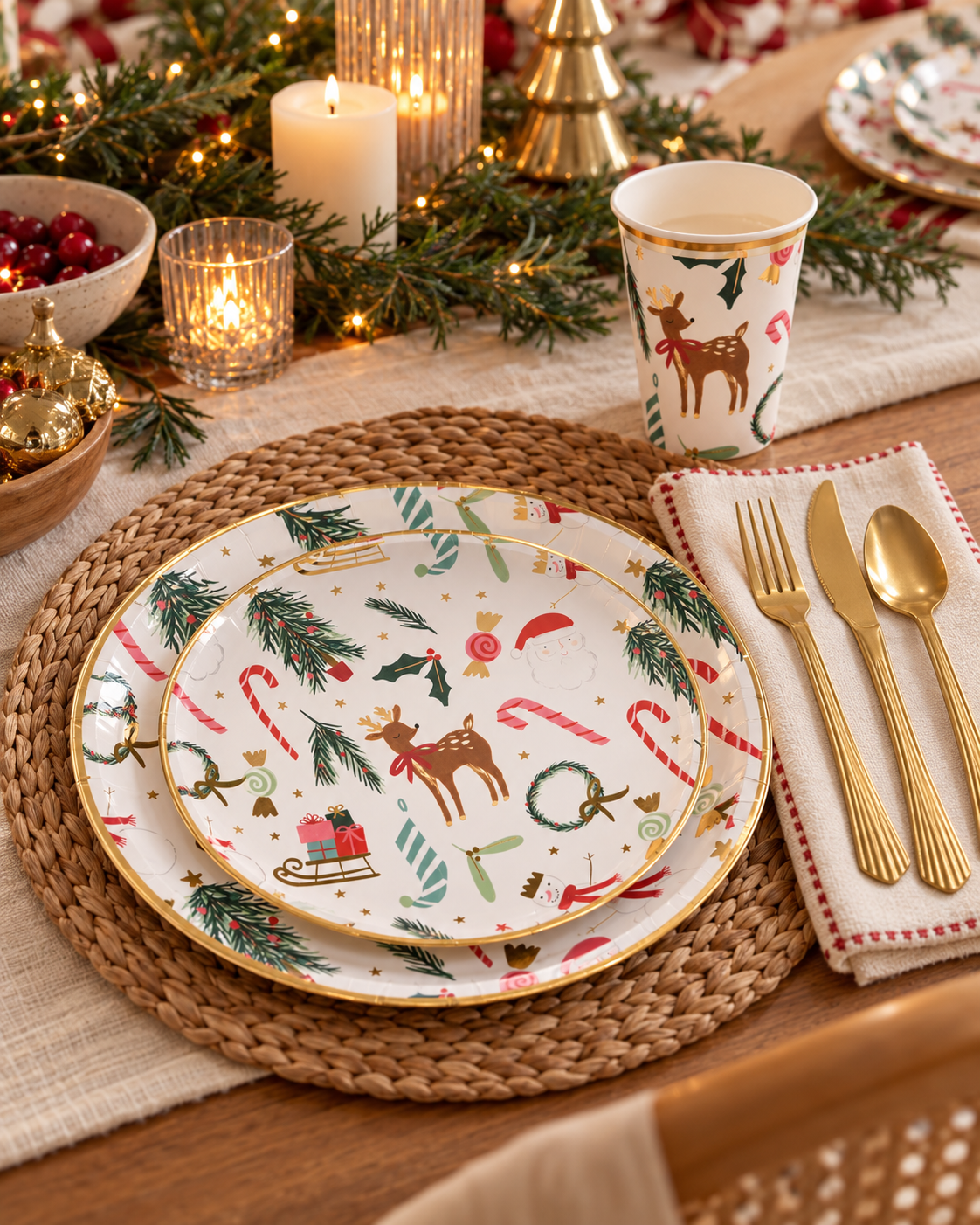 Christmas place setting with a reindeer print paper plate, matching cup and gold plastic cutlery on a woven placemat