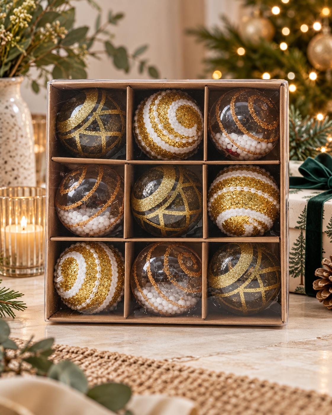 Box of 9 gold shatterproof Christmas baubles, 6cm each, in mixed finishes