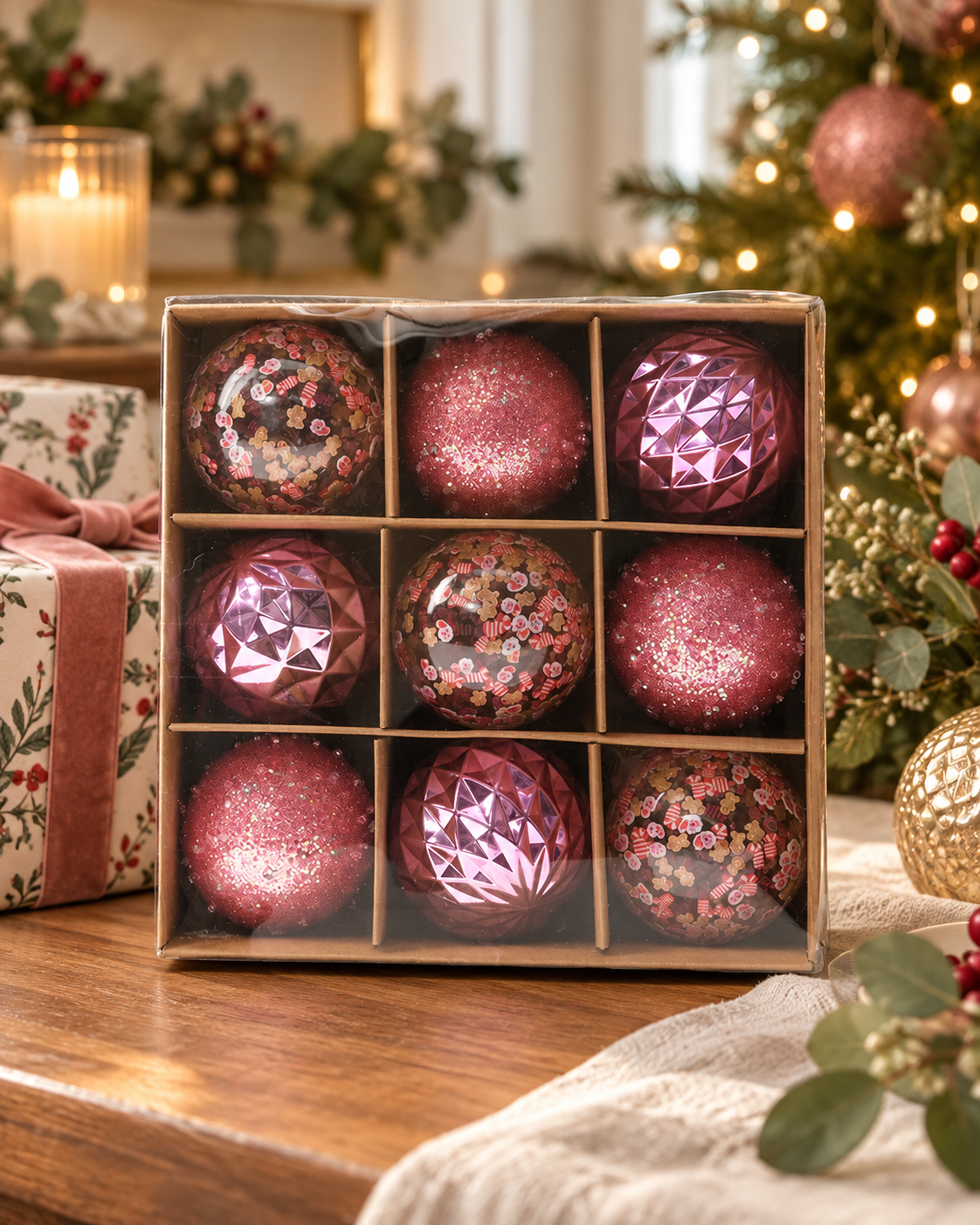 Box of 9 pink shatterproof Christmas baubles, 6cm each, in mixed finishes